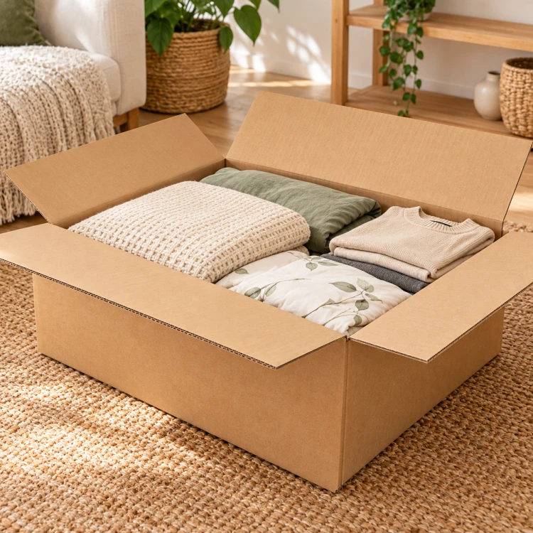 Karton klapowy 600 × 500 × 230 mm – przykład pakowania: złożone tekstylia