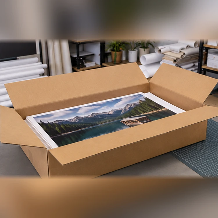 Karton klapowy 800 × 435 × 210 mm – przykład pakowania: duży wydruk ułożony na płasko